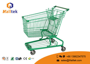 Green Supermarket Shopping Trolley Customized Logo With Coin Lock System