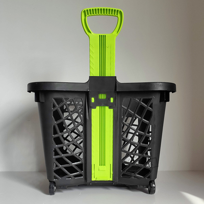 Large Capacity Supermarket Telescopic Handle Plastic Shopping Baskets With 4 Wheels