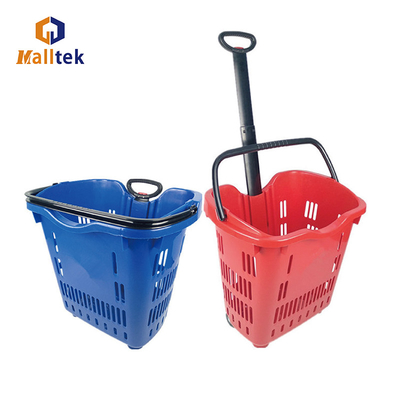 Hot Sale Telescopic Handle Plastic Rolling Basket With Two Wheels