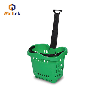 Green Supermarket Shopping Basket With Telescopic Aluminium Handle