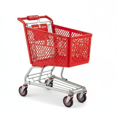 Red Plastic Supermarket Shopping Trolley 240L Volume Equipped with Robust PVC PU TPR Wheels Enhancing Mobility in Retail