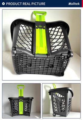 Large Capacity Supermarket Telescopic Handle Plastic Shopping Baskets With 4 Wheels