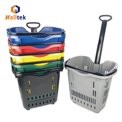 Hot Sale Telescopic Handle Plastic Rolling Basket With Two Wheels