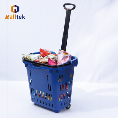 Hot Sale Telescopic Handle Plastic Rolling Basket With Two Wheels
