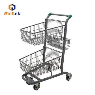 Double Basket Supermarket Shopping Trolley Two layer Storage Metal Cart with Customized Logo and Colors for Shopping Transport