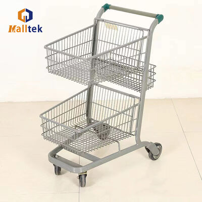 Double Basket Supermarket Shopping Trolley Two layer Storage Metal Cart with Customized Logo and Colors for Shopping Transport