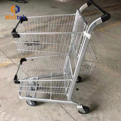 Double Basket Supermarket Shopping Trolley Two layer Storage Metal Cart with Customized Logo and Colors for Shopping Transport