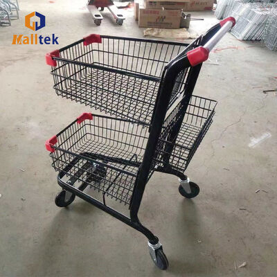 Double Basket Supermarket Shopping Trolley Two layer Storage Metal Cart with Customized Logo and Colors for Shopping Transport