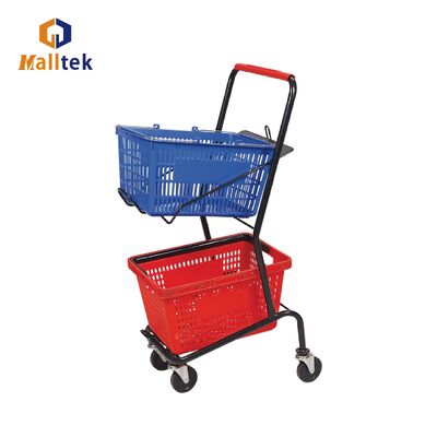2 Tier Supermarket Shopping Trolley Basket Cart with Durable Zinc Powder Coated Finish and Custom Logo Printing for Grocery