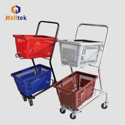 2 Tier Supermarket Shopping Trolley Basket Cart with Durable Zinc Powder Coated Finish and Custom Logo Printing for Grocery