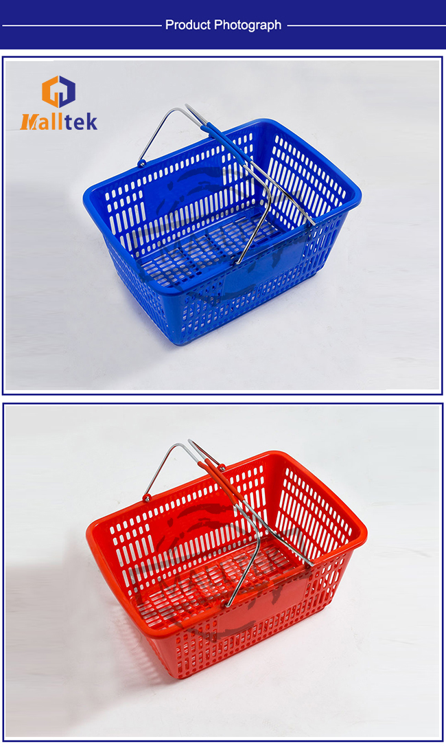 Plastic Supermarket Shopping Basket Flexible Handheld With Steel Handle