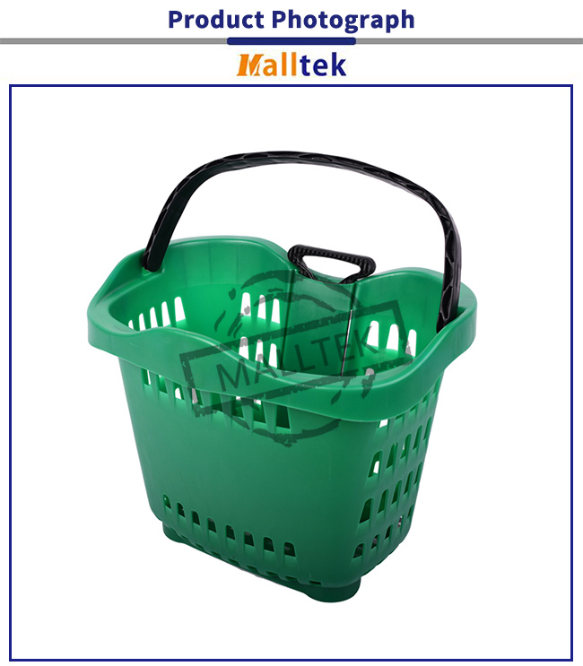 Hand 42 Liters Rolling Plastic Shopping Basket With Handles In Green Color