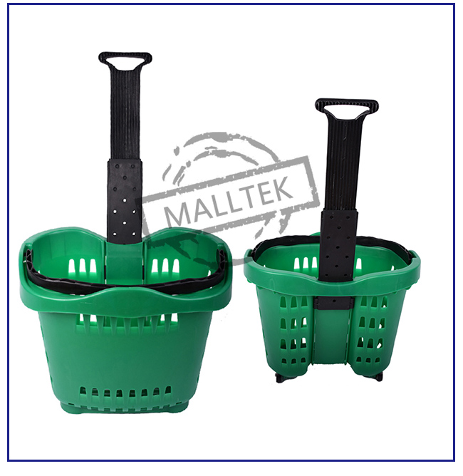 Hand 42 Liters Rolling Plastic Shopping Basket With Handles In Green Color