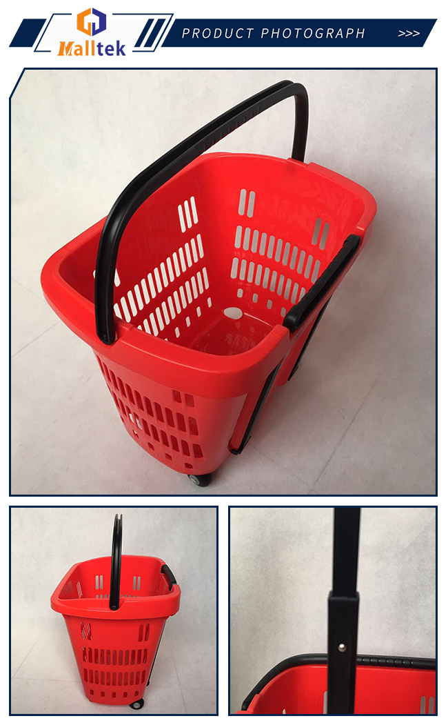 52L Supermarket Shopping Basket , Rolling Pull Along Shopping Basket